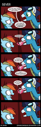 Size: 1675x5200 | Tagged: safe, artist:zsparkonequus, pinkie pie, rainbow dash, soarin', earth pony, pegasus, pony, g4, rarity investigates, alien (franchise), breaking the fourth wall, comic, dialogue, female, forever, goggles, male, mare, micro, open mouth, reverse vore, shrunken pupils, speech bubble, stallion, sweat, sweatdrops, wat