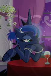 Size: 468x691 | Tagged: safe, artist:bluse, edit, princess luna, alicorn, pony, g4, bedroom eyes, bracelet, clothes, cropped, dress, female, jewelry, mare, show accurate, smiling, solo, wine
