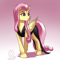 Size: 2000x2000 | Tagged: safe, artist:mykegreywolf, fluttershy, pegasus, pony, g4, scare master, black dress, clothes, costume, dress, female, high res, little black dress, mare, nightmare night costume, solo, that was fast