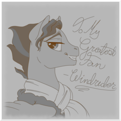 Size: 1054x1054 | Tagged: safe, artist:sourcherry, wind rider, pegasus, pony, g4, rarity investigates, autograph, clothes, grayscale, male, monochrome, photo, scarf, smiling, solo, stallion, younger