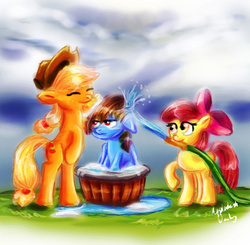 Size: 902x885 | Tagged: safe, artist:death-is-death, apple bloom, applejack, rainbow dash, earth pony, pegasus, pony, g4, appledash every day, bath, bathtub, female, forced bathing, hose, lesbian, ship:appledash, shipping