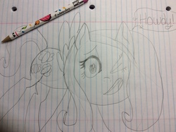 Size: 2592x1936 | Tagged: artist needed, safe, fluttershy, g4, lined paper, monochrome, pencil, pencil drawing, spread wings, traditional art, wings, wink