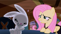 Size: 1645x926 | Tagged: safe, screencap, angel bunny, fluttershy, pegasus, pony, g4, scare master, angel is a bunny bastard, evil, evil smile, grin, pure unfiltered evil, smiling, spoopy