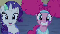 Size: 1920x1080 | Tagged: safe, screencap, pinkie pie, rarity, earth pony, pony, unicorn, g4, scare master, season 5, clothes, costume, cute, dress, female, grin, happy, mare, mermarity, open mouth, pinkie puffs, raribetes, rarity's mermaid dress, reaction image, smiling