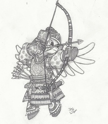 Size: 800x919 | Tagged: safe, artist:sensko, pegasus, pony, armor, arrow, black and white, bow (weapon), bow and arrow, grayscale, japan, katana, monochrome, pencil drawing, samurai, solo, sword, traditional art, warrior, weapon