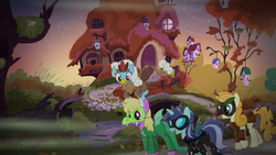 Size: 1920x1080 | Tagged: safe, screencap, cherry berry, diamond mint, junebug, serena, changeling, dragon, griffon, timber wolf, g4, scare master, bird house, changeling costume, clothes, costume, female, fluttershy's cottage, mare, nightmare night, nightmare night costume
