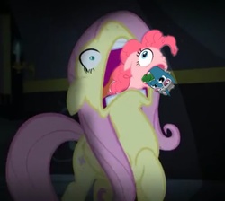 Size: 602x540 | Tagged: safe, screencap, fashion plate, fluttershy, pinkie pie, g4, scare master, faic, fashion reaction, flutterscream, hoopla pie, meme, needs more jpeg, this isn't even my final form, we need to go deeper, what has science done
