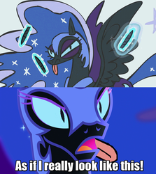 Size: 640x718 | Tagged: safe, edit, screencap, nightmare moon, g4, scare master, as if i really look like this, big fat meanie, female, game, image macro, meme, new student starfish, nightmare mlem, pin the tail on the pony, solo, spongebob squarepants, tongue out