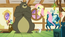 Size: 800x454 | Tagged: safe, screencap, angel bunny, fluttershy, fuzzy legs, harry, g4, scare master, speculation