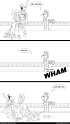 Size: 600x1060 | Tagged: safe, artist:deusexequus, princess cadance, queen chrysalis, a canterlot wedding, g4, rarity investigates, all the guards are useless, black and white, comic, counting, grayscale, lineart, monochrome, royal guard, unconscious