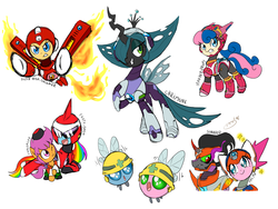 Size: 3200x2400 | Tagged: safe, artist:thegreatrouge, bon bon, king sombra, pinkie pie, queen chrysalis, scootaloo, sunset shimmer, sweetie drops, parasprite, pony, g4, axl, crossover, high res, lumine, marino, mega man (series), megaman battle network, megaman x, megaman x: command mission, metool, protoman.exe, red