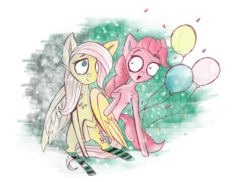 Size: 3507x2550 | Tagged: safe, artist:jesterofsolace, fluttershy, pinkie pie, g4, balloon, clothes, crying, high res, socks, striped socks