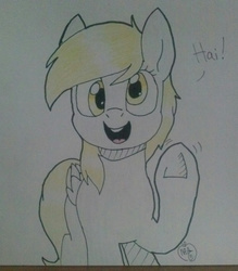 Size: 1280x1462 | Tagged: safe, artist:notenoughapples, derpy hooves, pegasus, pony, g4, female, mare, open mouth, smiling, solo, traditional art, waving