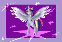 Size: 6000x4000 | Tagged: safe, artist:wilshirewolf, derpy hooves, twilight sparkle, alicorn, pony, g4, scare master, absurd resolution, alicorn costume, clothes, costume, derpicorn, disguise, fake horn, fake wings, female, nightmare night costume, race swap, smiling, solo, spread wings, that was fast, toilet paper roll, toilet paper roll horn, twilight muffins, twilight sparkle (alicorn), twilight sparkle costume, wig, wings