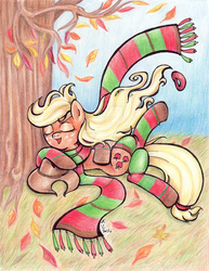 Size: 900x1165 | Tagged: safe, artist:oriwhitedeer, applejack, g4, autumn, clothes, female, leaves, scarf, socks, solo, striped socks, traditional art, tree