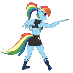 Size: 2500x2472 | Tagged: safe, artist:zapplebow, rainbow dash, anthro, plantigrade anthro, g4, clothes, feet, female, high res, ponytail, socks, solo, taunting