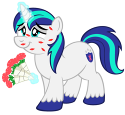 Size: 2000x1842 | Tagged: safe, artist:aleximusprime, shining armor, pony, unicorn, g4, bouquet, flower, kiss mark, levitation, magic, male, simple background, solo, telekinesis, transparent background