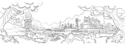 Size: 1916x688 | Tagged: safe, g4, official, leak, concept art, farm, grayscale, monochrome, no pony, scenery, sweet apple acres, water tower