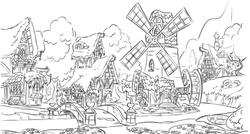 Size: 1293x691 | Tagged: dead source, safe, official, leak, black and white, building, concept art, grayscale, house, houses, monochrome, no pony, ponyville, scenery, watermill, windmill