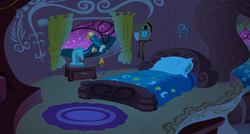 Size: 2209x1184 | Tagged: safe, g4, official, leak, bed, bedroom, clock, concept art, curtains, golden oaks library, horseshoes, interior, night, no pony, rug, scenery, telescope, window