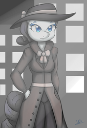Size: 1689x2477 | Tagged: safe, artist:wolfy-pony, rarity, anthro, g4, rarity investigates, clothes, detective, detective rarity, female, grayscale, hat, limited palette, monochrome, neo noir, partial color, solo, trenchcoat