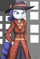 Size: 1689x2477 | Tagged: safe, artist:wolfy-pony, rarity, anthro, g4, rarity investigates, clothes, detective, detective rarity, female, hat, solo, trenchcoat