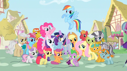 Size: 1280x720 | Tagged: safe, edit, apple bloom, applejack, big macintosh, carrot cake, cup cake, derpy hooves, fluttershy, granny smith, mayor mare, pinkie pie, rainbow dash, rarity, scootaloo, snails, snips, spike, sweetie belle, zecora, earth pony, pony, zebra, g4, scare master, alicorn costume, clothes, costume, fake horn, fake wings, group shot, implied twilight sparkle, intro, male, nightmare night costume, opening, opening credits, stallion, toilet paper roll, toilet paper roll horn, twilight muffins, wig