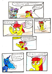 Size: 1573x2210 | Tagged: safe, artist:oneovertwo, apple bloom, princess luna, scootaloo, sweetie belle, platypus, g4, scare master, :<, clothes, comic, costume, traditional art, wonderbolts uniform