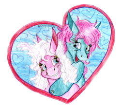 Size: 1648x1461 | Tagged: safe, artist:animagicworld, minty, pinkie pie (g3), g3, female, hug, lesbian, ship:mintypie, shipping, traditional art