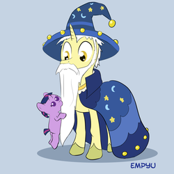 Size: 1000x1000 | Tagged: safe, artist:empyu, star swirl the bearded, twilight sparkle, pony, g4, 30 minute art challenge, baby, baby pony, babylight sparkle, beard, cloak, clothes, cute, filly, filly twilight sparkle, hat, nom, time paradox, twiabetes, wide eyes, younger