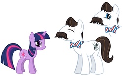 Size: 1236x768 | Tagged: safe, barber groomsby, twilight sparkle, earth pony, pony, unicorn, g4, official, leak, bowtie, concept art, eyes closed, facial hair, female, male, mare, moustache, simple background, size comparison, stallion, unicorn twilight, white background