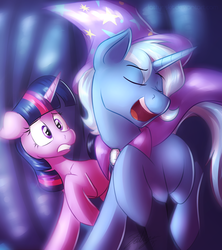 Size: 1155x1300 | Tagged: safe, artist:dripponi, artist:lattynskit, trixie, twilight sparkle, g4, eyes closed, floppy ears, frown, gritted teeth, open mouth, quickie, raised hoof, raised leg, rule 63, smiling, tristan, wide eyes