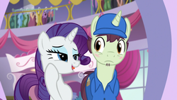 Size: 1920x1080 | Tagged: safe, screencap, package deal, rarity, pony, unicorn, g4, rarity investigates, season 5, delivery pony, facial hair, female, goatee, lidded eyes, male