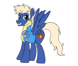 Size: 2603x2205 | Tagged: safe, artist:edcom02, artist:jmkplover, pegasus, pony, clothes, costume, crossover, fantastic four, high res, human torch, johnny storm, marvel, ponified, simple background, spiders and magic: capcom invasion, spiders and magic: rise of spider-mane, transparent background, wonderbolt trainee uniform