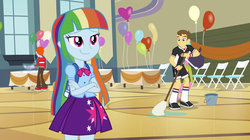 Size: 1523x851 | Tagged: safe, edit, heath burns, rainbow dash, teddy t. touchdown, equestria girls, g4, my little pony equestria girls, background human, clothes, cutie mark on clothes, manebow sparkle, skirt, time to come together, twilight sparkle's skirt