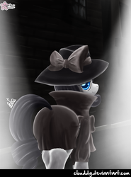 Size: 800x1084 | Tagged: safe, artist:clouddg, rarity, pony, unicorn, g4, rarity investigates, butt, detective, detective rarity, female, grayscale, looking at you, looking back, looking back at you, mare, plot, rearity, seductive, solo