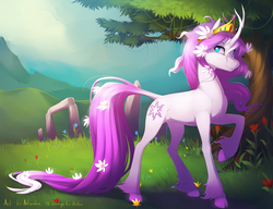 Size: 2600x2000 | Tagged: safe, artist:antiander, tree of harmony, oc, oc only, oc:harmony (heilos), classical unicorn, pony, big crown thingy, flower, flower in hair, high res, horn, leonine tail, ponified, raised hoof, solo, unshorn fetlocks