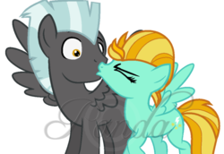 Size: 690x476 | Tagged: safe, artist:ipandacakes, lightning dust, thunderlane, pegasus, pony, g4, female, kissing, male, mare, shipping, simple background, stallion, straight, thunderdust, transparent background, watermark