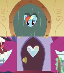 Size: 1920x2160 | Tagged: safe, screencap, rainbow dash, g4, party of one, rarity investigates, comparison