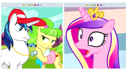 Size: 543x305 | Tagged: safe, chickadee, ms. peachbottom, princess cadance, shining armor, derpibooru, g4, games ponies play, my little pony: friendship is magic, bedroom eyes, exploitable meme, flirting, jaw drop, juxtaposition, juxtaposition win, meme, meta, shining armor gets all the mares, shining armor is not amused, this will end in divorce