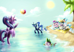 Size: 1000x700 | Tagged: safe, artist:yummiestseven65, princess cadance, princess celestia, princess luna, spike, twilight sparkle, alicorn, pony, g4, alicorn tetrarchy, alternate hairstyle, beach, beach ball, beach towel, cap, drinking, female, hat, magic, mare, ponytail, twilight sparkle (alicorn)