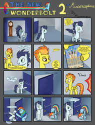 Size: 2700x3550 | Tagged: safe, artist:marmorexx, rainbow dash, soarin', spitfire, pony, comic:the new wonderbolt, g4, accident, backwards cutie mark, comic, derp, female, high res, knocked silly, male, rainbow derp, ship:soarindash, shipping, stars, straight