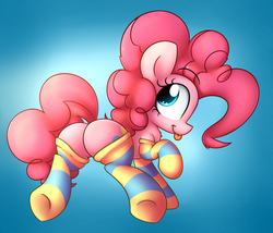 Size: 2800x2400 | Tagged: safe, artist:heavymetalbronyyeah, pinkie pie, earth pony, pony, g4, butt, chest fluff, clothes, cute, female, high res, looking back, plot, raised hoof, smiling, socks, solo, striped socks, tongue out
