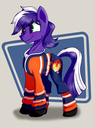 Size: 1702x2285 | Tagged: safe, artist:sigmanas, oc, oc only, oc:proudy hooves, earth pony, pony, abstract background, clothes, confident, cutie mark, earth pony oc, eyebrows, full body, green eyes, hockey, hoof shoes, jersey, male, smiling, solo, stallion, two toned mane, two toned tail, uniform