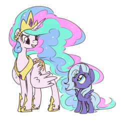 Size: 4000x4000 | Tagged: safe, artist:inlucidreverie, princess celestia, princess luna, alicorn, pony, g4, alternate hairstyle, cute, eye contact, female, filly, grin, looking up, mare, open mouth, pinklestia, simple background, sketch, smiling, spread wings, transparent background, wide eyes, woona, younger