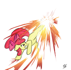 Size: 1000x986 | Tagged: safe, artist:pilla, apple bloom, g4, angry, cute, female, kick, kicking, martial arts, simple background, solo, violence