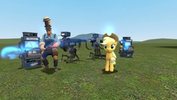 Size: 960x540 | Tagged: safe, applejack, g4, crossover, dispenser, engineer, engineer (tf2), hat, sentry, team fortress 2