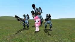 Size: 960x540 | Tagged: safe, pinkie pie, robot, g4, crossover, flamethrower, mann vs machine, pyro (tf2), team fortress 2, weapon