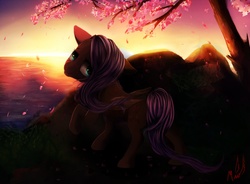 Size: 1900x1400 | Tagged: safe, artist:miokomata, fluttershy, g4, female, looking back, solo, sunset