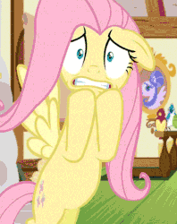Size: 380x480 | Tagged: safe, screencap, fluttershy, g4, scare master, season 1, animated, anxiety, female, flying, reaction image, scared, solo, wide eyes